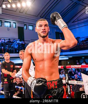 LONDON, VEREINIGTES KÖNIGREICH. 09. Juni 2023. Tommy Fletcher gegen Pawel Strykowski - Internationaler Cruiserweight-Wettbewerb während Adeleye gegen Ahmatovc und Undercard Fight in York Hall am Freitag, den 09. Juni 2023 in LONDON, ENGLAND. Kredit: Taka G Wu/Alamy Live News Stockfoto