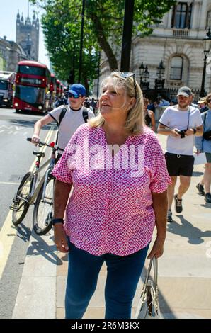London, Großbritannien. 10. Juni 2023. Eine Frau streitet mit den Demonstranten. Stoppen Sie einfach den Ölblockverkehr, indem Sie langsam Whitehall vor der Downing Street entlang laufen. Kredit: JOHNNY ARMSTEAD/Alamy Live News Stockfoto