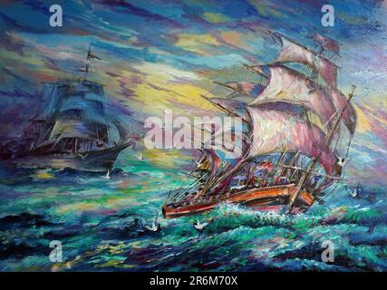 Professioneller Künstler handgemalt Original Meisterwerke Kunstmaler Ölmalerei Segelboot und Barque Brise im Meer, Junk Boot und Glückshandel Stockfoto