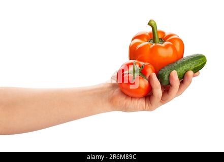 Salatgemüsemischung im Handweg isoliert auf weiß Stockfoto