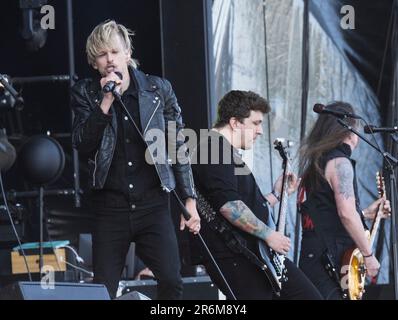 Solvesborg, Schweden. 10. Juni 2023 US-Band Skid Row mit schwedischem Sänger Erik Gronwall tritt während des Sweden Rock Festival 2023 auf. Foto: Fredrik Sandberg/TT/kod 10080 Kredit: TT News Agency/Alamy Live News Stockfoto