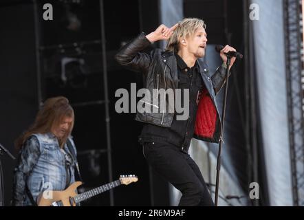 Solvesborg, Schweden. 10. Juni 2023 US-Band Skid Row mit schwedischem Sänger Erik Gronwall tritt während des Sweden Rock Festival 2023 auf. Foto: Fredrik Sandberg/TT/kod 10080 Kredit: TT News Agency/Alamy Live News Stockfoto