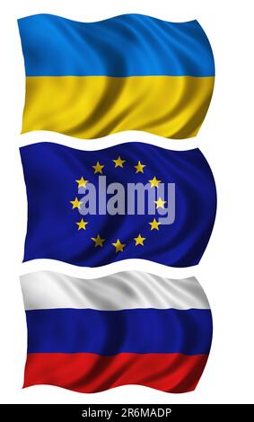 Das Konzept der Flaggen als Symbol des Beitritts der Ukraine zur Europäischen Union Stockfoto