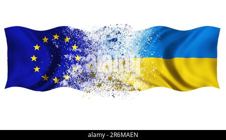 Das Konzept der Flaggen als Symbol des Beitritts der Ukraine zur Europäischen Union Stockfoto