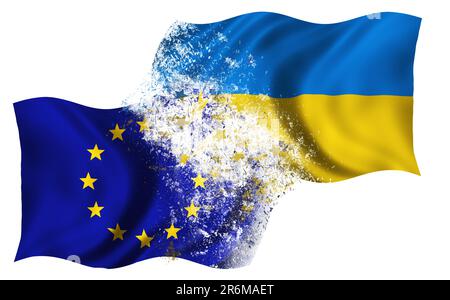 Das Konzept der Flaggen als Symbol des Beitritts der Ukraine zur Europäischen Union Stockfoto