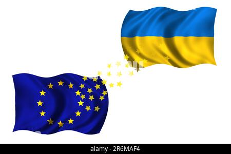 Das Konzept der Flaggen als Symbol des Beitritts der Ukraine zur Europäischen Union Stockfoto