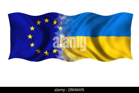 Das Konzept der Flaggen als Symbol des Beitritts der Ukraine zur Europäischen Union Stockfoto