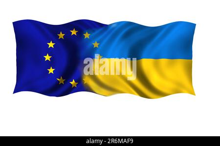 Das Konzept der Flaggen als Symbol des Beitritts der Ukraine zur Europäischen Union Stockfoto