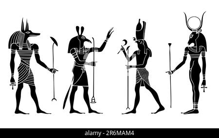 Verschiedene ägyptische Götter und Göttinnen. Anubis, Seth, Hathor, Horus. Das Dokument ist ein Vektor und kann ohne Qualitätsverlust auf jede Größe skaliert werden Stock Vektor