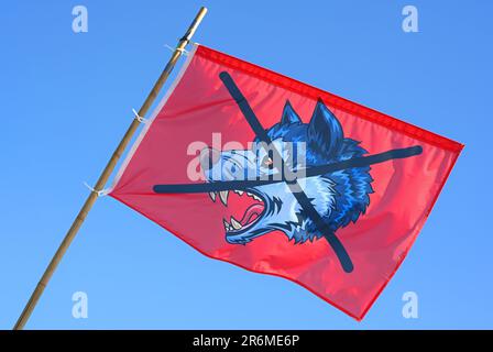 Aurich, Deutschland. 10. Juni 2023. Eine Anti-Wolf-Flagge winkt vor dem Ereignis im Wind. Die Vereinigungen Land schafft Verbindung (LSV) Ostfriesland und der friesische Naturschutzverband (FVN) haben eine Demonstration gegen die aktuelle Wolfspolitik gefordert. Kredit: Lars Penning/dpa/Alamy Live News Stockfoto