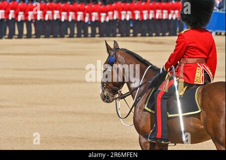 Horse Guards Parade, London, Großbritannien, am 10 2023. Juni. Ein Offizier sieht sich Prinz William an, der Prinz von Wales überprüft die Regimente der Haushaltsabteilungen als Regimentaler Oberst der Welsh Guards während der Trooping the Colour in Horse Guards Parade, London, Großbritannien, am 10 2023. Juni. Zu den Divisionen der Parade gehören die Fußwächter, die Grenadiergarde, die Coldstream-Garde, die Schotten-Garde, Die irische Garde, die Walisische Garde, mit dem von der Kavallerie montierten Regiment, bestehend aus den Rettungsschwimmern und den Blues und Royals, die zusammen die Eskorte des Sovereign bereitstellen. Kredit: Francis Knig Stockfoto