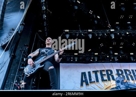 Solvesborg, Schweden, 10. Juni, 2023. Tag 4 Alter Bridge (USA) tritt beim Sweden Rock Festival auf. Brian Marshall C Bass Credit: PEO Mšller/Alamy Live News Stockfoto