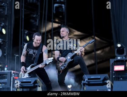 Solvesborg, Schweden, 10. Juni, 2023. Tag 4 Alter Bridge (USA) tritt beim Sweden Rock Festival auf. Brian Marshall C Bass Mark Tremonti C Lead und Rhythm Gitarre, Backback und Lead Vocals Credit: PEO Mšller/Alamy Live News Stockfoto