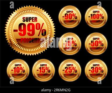 Satz goldener Verkaufsetiketten. Diese Abbildung kann für Designerarbeiten nützlich sein Stock Vektor