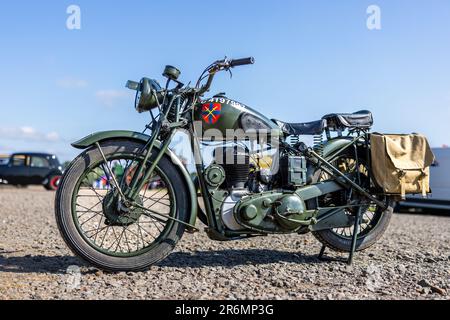 1940 BSA M20 British Service Dispatch Motorrad am 4. Juni 2023 in Shuttleworth ausgestellt. Stockfoto