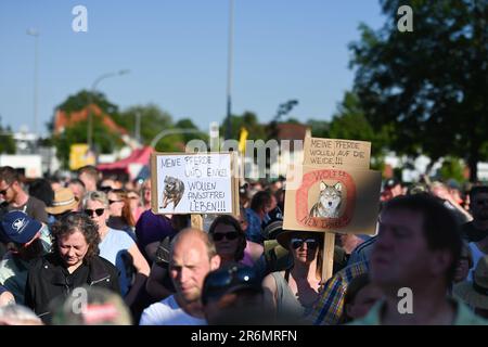 Aurich, Deutschland. 10. Juni 2023. Die Teilnehmer der Veranstaltung halten Schilder mit Anti-Wolf-Botschaften auf. Die Vereinigungen Land schafft Verbindung (LSV) Ostfriesland und der friesische Naturschutzverband (FVN) haben eine Demonstration gegen die aktuelle Wolfspolitik gefordert. Kredit: Lars Penning/dpa/Alamy Live News Stockfoto