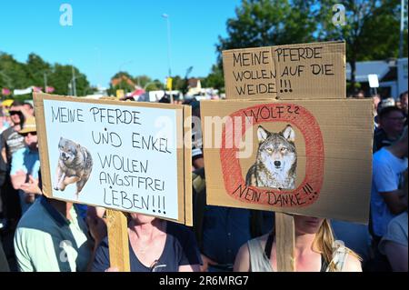 Aurich, Deutschland. 10. Juni 2023. Die Teilnehmer der Veranstaltung halten Schilder mit Anti-Wolf-Botschaften auf. Die Vereinigungen Land schafft Verbindung (LSV) Ostfriesland und der friesische Naturschutzverband (FVN) haben eine Demonstration gegen die aktuelle Wolfspolitik gefordert. Kredit: Lars Penning/dpa/Alamy Live News Stockfoto