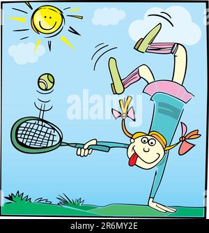 Cartoon-Illustration eines lustigen kleinen Mädchens, das Tennis spielt Stock Vektor