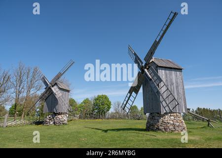 Ein paar alte Windmühlen auf der Insel Saaremaa in Estland Stockfoto