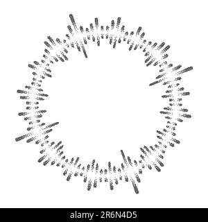 Schallwellenmuster. Frequenz der gepunkteten Musik. Halbtongrunge-Rahmen. Digitaler kreisförmiger Equalizer. Vektordarstellung isoliert auf weißem Hintergrund Stock Vektor