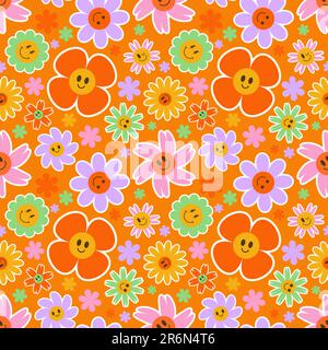 Groovy-Blume-Nahtloses Muster. Y2K floraler Lächelhintergrund. Cartoon-Gänseblümchenmuster im Retro-Look mit lustigen Gesichtern. Vektor-trendige ästhetische Illustration. Stock Vektor