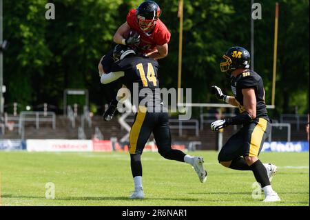 München, Deutschland. 10. Juni 2023. München, Deutschland, Juli 10. 2023: Thomas Jones (24 Saarland Hurricanes) wird von Oliver Braunsdorf (14 München Cowboys) während des Erima GFL-Spiels zwischen München Cowboys und Saarland Hurricanes in Dantestadion, München, gestoppt. (Sven Beyrich/SPP) Kredit: SPP Sport Press Photo. Alamy Live News Stockfoto