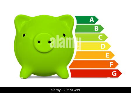 Sparschwein mit Energieeffizienzklassen. Energieetikett der Europäischen Union. 3D rendern. Isoliert auf weißem Hintergrund Stockfoto