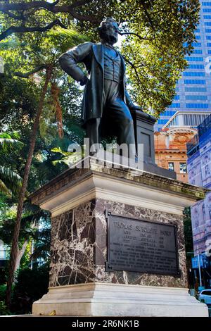 Bronzestatue Thomas Sutcliffe Mort, Macquarie Place Park, Sydney, Australien Stockfoto