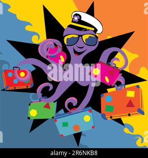 Abstrakte Vektordarstellung eines lächelnden Oktopus mit seiner Sonnenbrille und einem Kapitän-Hut, der Koffer hält. Stock Vektor
