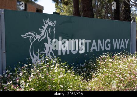 Mustang Way-Schild auf dem Campus der California Polytechnic State University Stockfoto