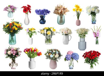 Collage mit vielen schönen Blumensträußen und Blumen in verschiedenen Vasen auf weißem Hintergrund Stockfoto