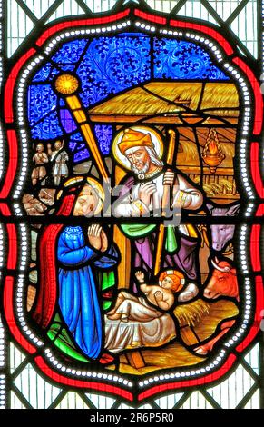 Geburt Jesu, Glasfenster, 1860, Geburt Christi, Fakenham-Kirche, Norfolk, England, Großbritannien Stockfoto