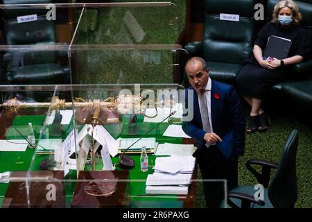 MELBOURNE, AUSTRALIEN - NOVEMBER 10: Der stellvertretende Ministerpräsident James Merlino spricht während der Fragestunde am 10. November 2020 in Melbourne, Australien. Die COVID-19-Beschränkungen wurden in Victoria weiter gelockert, da die Metro-regionale Grenze und die Reisefreiheit von der Heimat auf 25km km nicht mehr in Kraft sind. Stockfoto