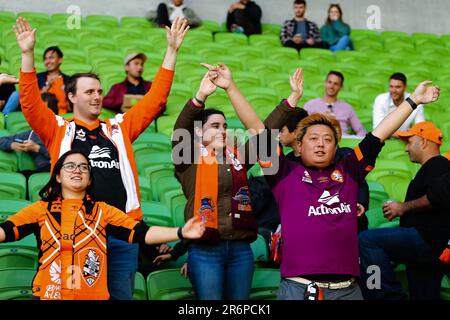 MELBOURNE, AUSTRALIEN - 14. MÄRZ: Brisbane Roar Fans während des Hyundai A-League Fußballspiels zwischen dem Western United FC und dem Brisbane Roar FC am 14. März 2021 im AAMI Park in Melbourne, Australien. Stockfoto