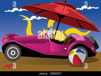 Vektordarstellung eines Retro-Autos am Strand Stock Vektor