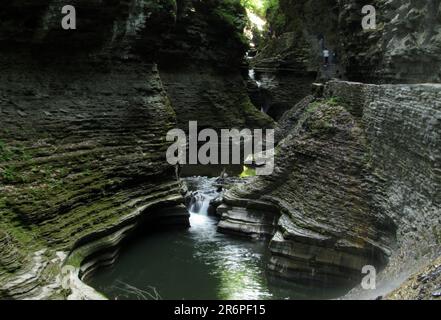 Wasser fließt durch die Schlucht im Watkins Glen State Park in Watkins Glen, New York. Stockfoto