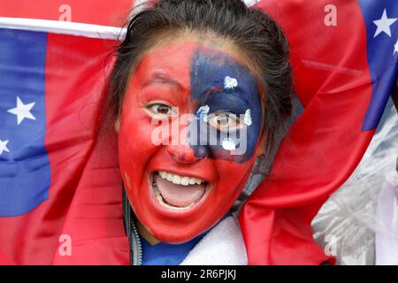 Ein samoanischer Unterstützer erwartet den Beginn des Spiels Fidschi gegen Samoa Pool D der Rugby-Weltmeisterschaft 2011, Eden Park, Auckland, Neuseeland, Sonntag, 25. September 2011. Stockfoto