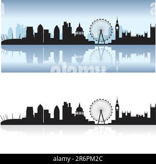 Skyline von London inklusive aller touristischen Attraktionen als detaillierte schwarze Silhouette mit der Themse Reflexion Stock Vektor