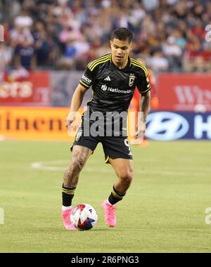 Chicago, USA, 10. Juni 2023. Der Cucho der Columbus Crew von Major League Soccer (MLS) spielt gegen den FC Chicago Fire auf dem Soldier Field in Chicago, IL, USA. Kredit: Tony Gadomski / All Sport Imaging / Alamy Live News Stockfoto