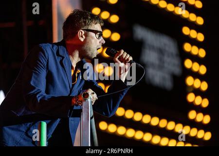 Porto, Portugal. 11. Juni 2023. Damon Albarn von der englischen Rockband Blur tritt auf der Bühne im Primavera Sound auf. Kredit: SOPA Images Limited/Alamy Live News Stockfoto