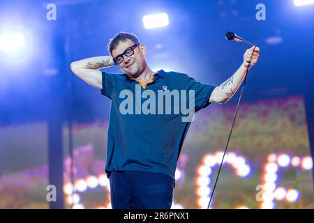 Porto, Portugal. 11. Juni 2023. Damon Albarn von der englischen Rockband Blur tritt auf der Bühne im Primavera Sound auf. Kredit: SOPA Images Limited/Alamy Live News Stockfoto