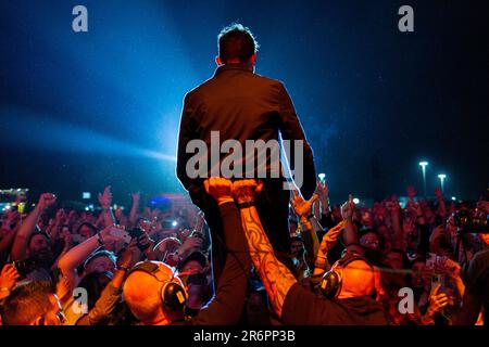 Porto, Portugal. 11. Juni 2023. Damon Albarn von der englischen Rockband Blur tritt auf der Bühne im Primavera Sound auf. (Foto: Diogo Baptista/SOPA Images/Sipa USA) Guthaben: SIPA USA/Alamy Live News Stockfoto