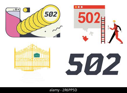 Set von Clips singt Konzept von Website-Fehler 502 Fehlercode Stock Vektor