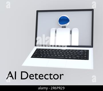 3D Abbildung eines Roboters auf einem Laptop-Bildschirm mit dem Titel „AI Detector“ (KI-Detektor). Stockfoto