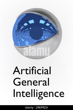 3D Abbildung eines Roboterkopfs mit dem Titel "Künstliche allgemeine Intelligenz", isoliert auf hellgrau. Stockfoto