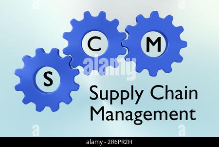 3D Abbildung von drei blauen Zahnrädern in Kombination mit dem Skript „Supply Chain Management“, isoliert auf hellblauem Hintergrund. Stockfoto