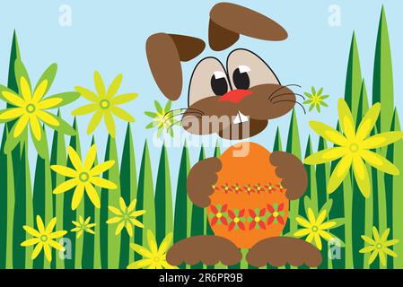 osterhasen versteckt in Gras und Blumen mit orangefarbenem osterei Stock Vektor