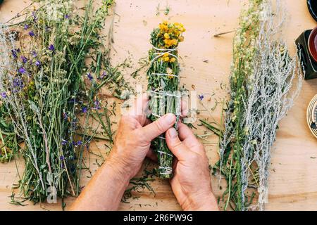 Frauenhände binden Bündel von Heilkräutern. Eine Kräuterärztin bereitet Kräutersammlungen vor, Räucherstäbchen. Stockfoto