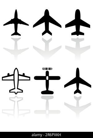 Vektorsatz verschiedener Flugzeugsymbole. Alle Vektorobjekte werden isoliert. Farben und transparente Hintergrundfarbe lassen sich leicht anpassen. Stock Vektor