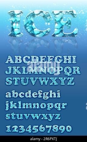 Glas- und Eisgefühl, kühle Schrift im Sommer, Chromguss-Alphabet-Set, isoliert auf Weiß. Computergeneriertes 3D-Fotorendering. Stockfoto